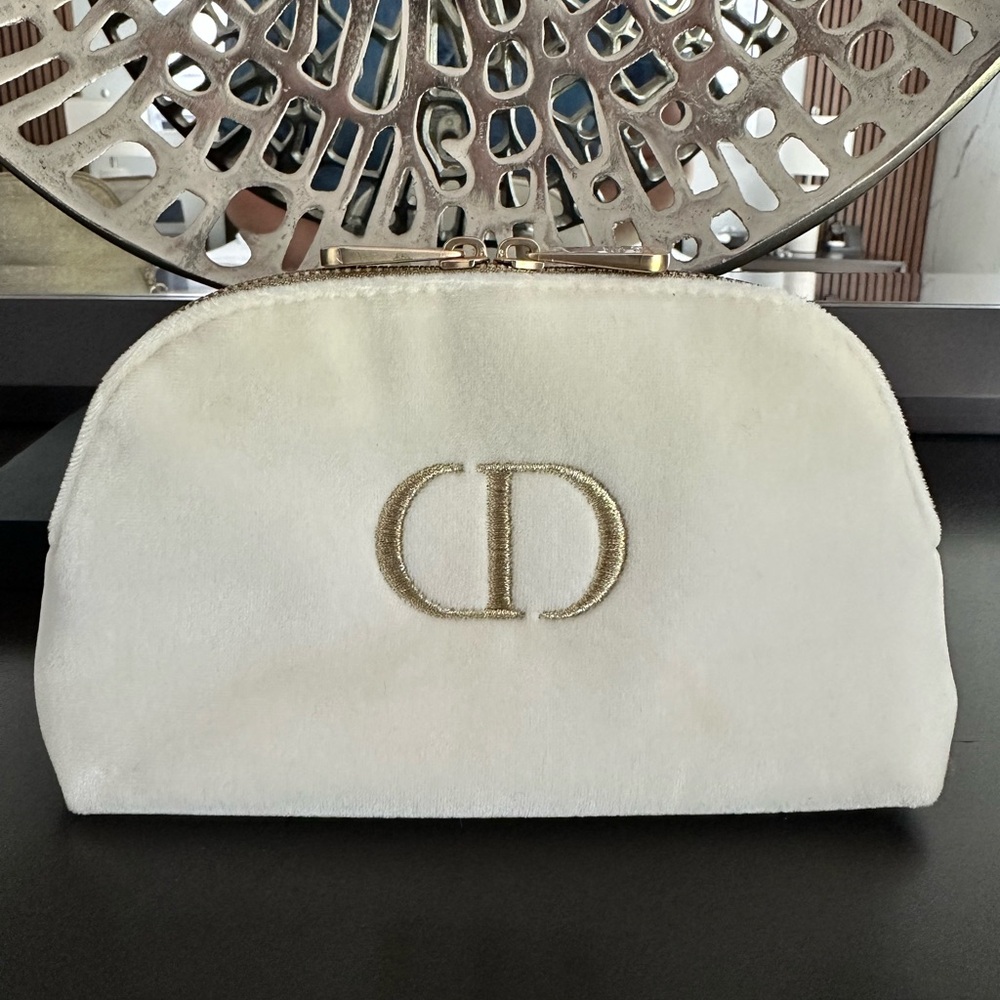 Dior Cream Velvet Cosmetic Pouch with Gold CD Logo
